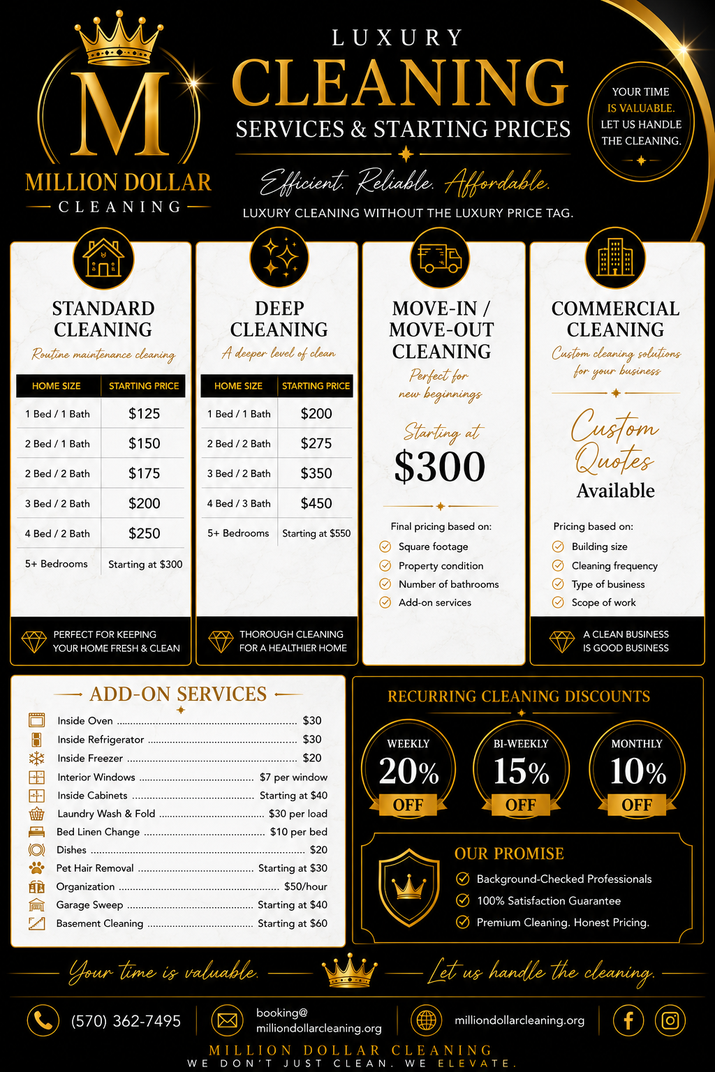 Million Dollar Cleaning services and starting prices menu